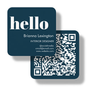 Navy Blue QR Code Social Media Hello Square Business Card