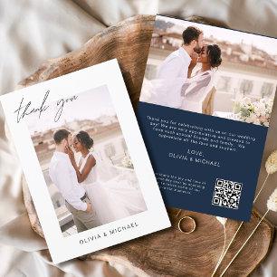 Navy Blue QR Code Wedding Thank You Photo Card