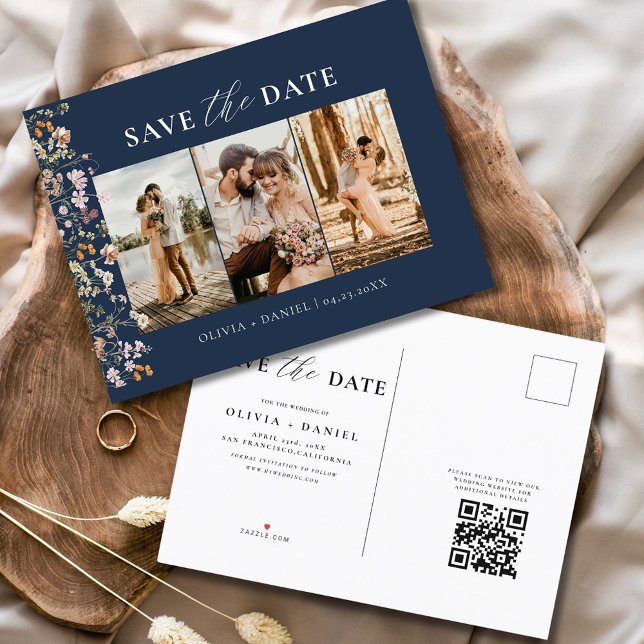 Navy Blue QR Code Wildflower Floral Wedding Announcement Postcard (Creator Uploaded)
