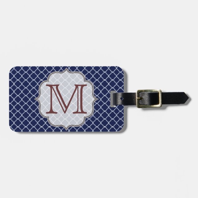 Navy Blue Quarterfoil Latti Monogram Luggage Tag (Front Horizontal)