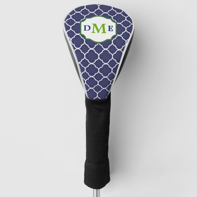 Navy Blue Quatrefoil Green Monogram Golf Head Cover (Front)
