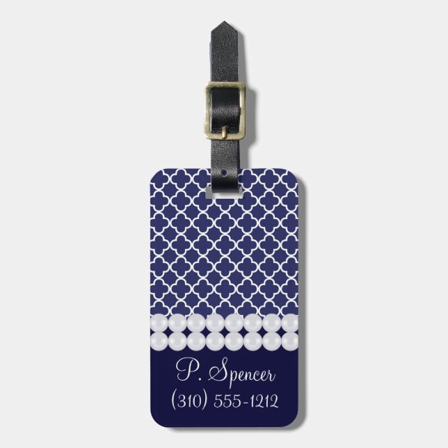 Navy Blue Quatrefoil Luggage Tag (Front Vertical)