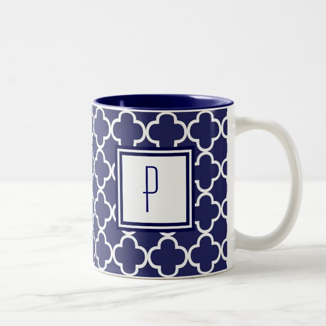 Navy Blue Quatrefoil Monogram Mug (Right)