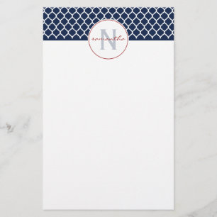 Navy Blue Quatrefoil Monogram Stationery