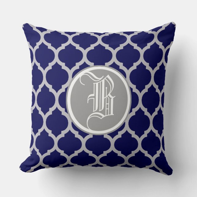 Navy Blue Quatrefoil Pattern Monogram Cushion (Front)