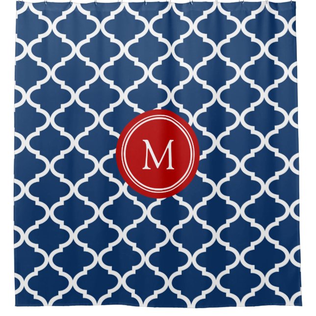 Navy Blue Quatrefoil Red Monogram Shower Curtain (Front)