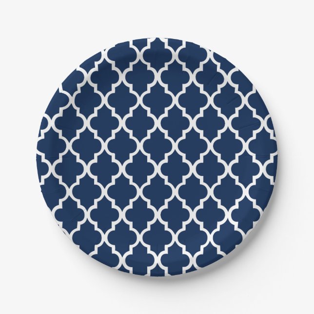Navy Blue Quatrefoil Tiles Pattern Paper Plate (Front)