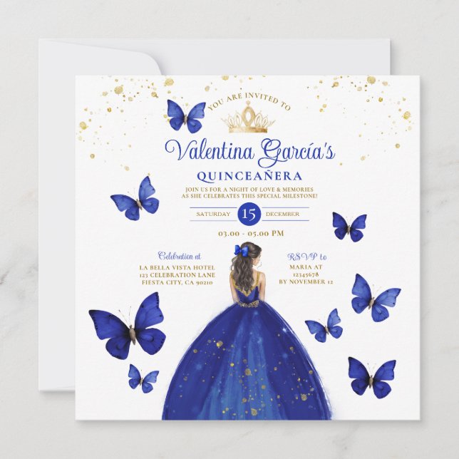 Navy Blue Quinceañera 15 Anos Butterfly Birthday Invitation (Front)