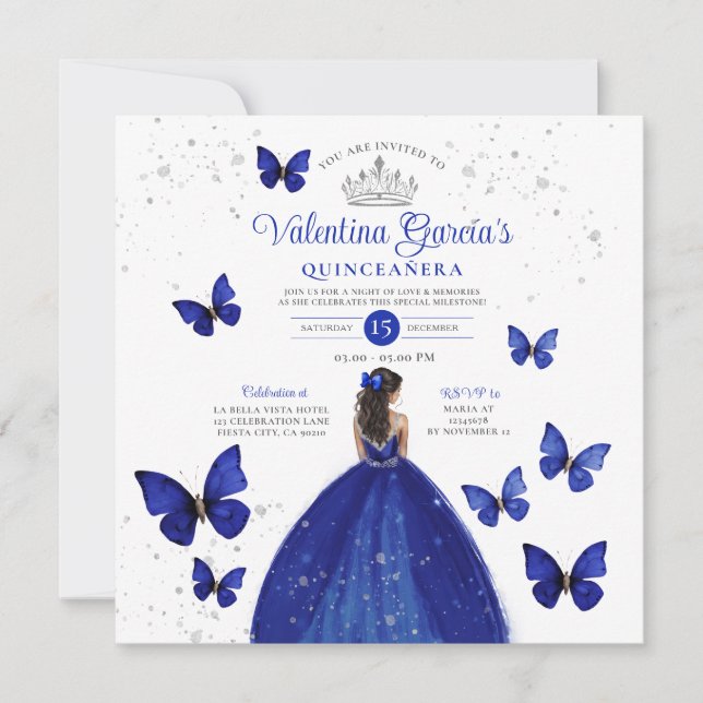 Navy Blue Quinceañera 15 Anos Butterfly Silver In Invitation (Front)