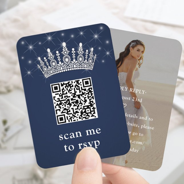 Navy Blue Quinceañera Crown & Stars QR RSVP Photo Enclosure Card (Creator Uploaded)