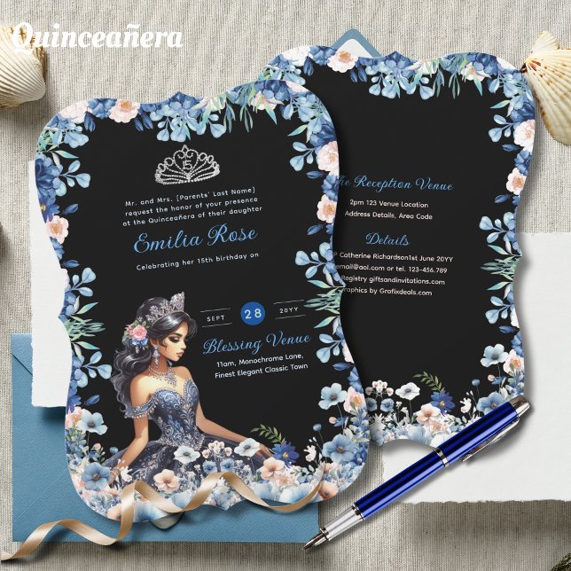 Navy Blue Quinceanera Dress Floral Roses Invitation (Creator Uploaded)