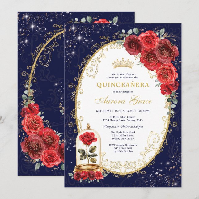 Navy Blue Quinceañera Enchanted Red Roses Party Invitation (Front/Back)