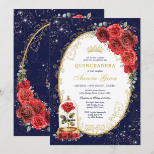 Navy Blue Quinceañera Enchanted Red Roses Party Invitation