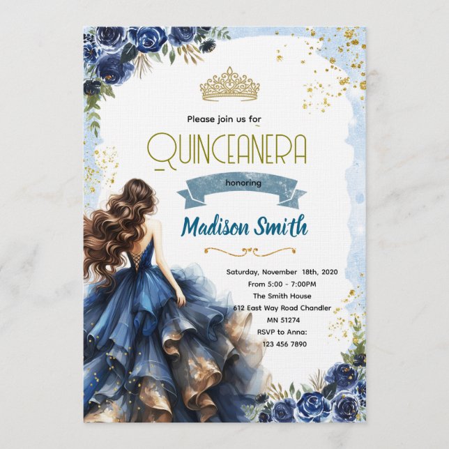 Navy Blue Quinceanera Invitation (Front)