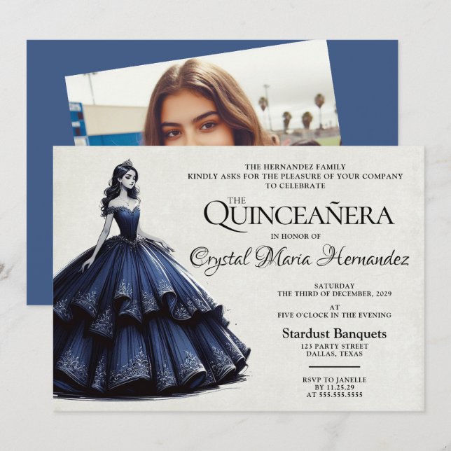 Navy Blue Quinceañera Invitation (Front/Back)