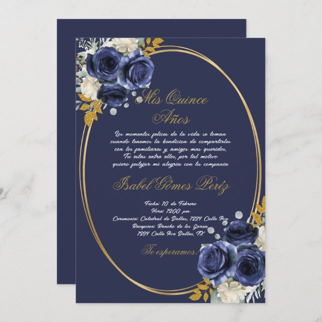 Navy blue Quinceanera invitation in Spanish (Front/Back)