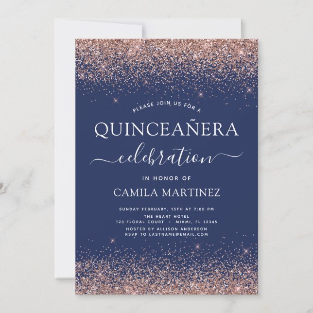 Navy Blue Quinceanera Rose Gold Blush Pink Invitation (Front)
