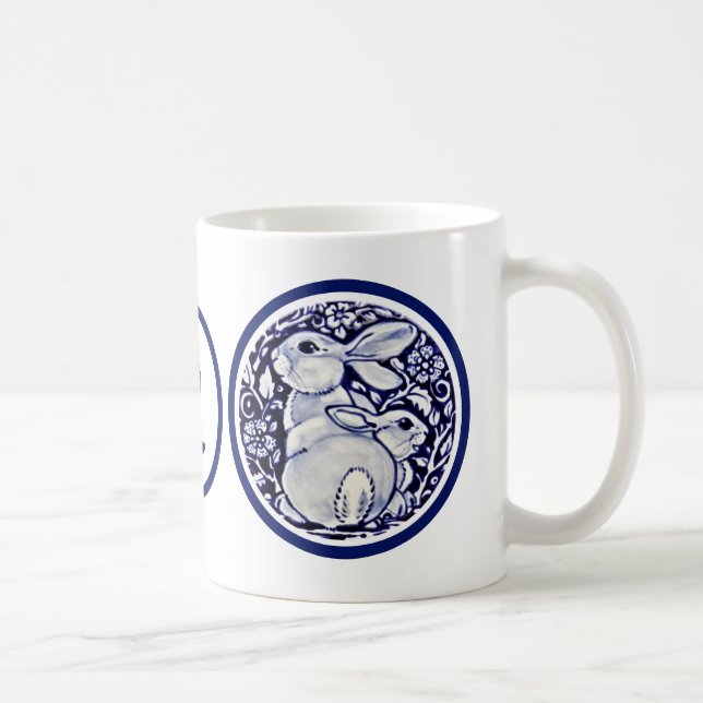 Navy Blue Rabbit Baby Bunny Floral Monogram Coffee Mug (Right)
