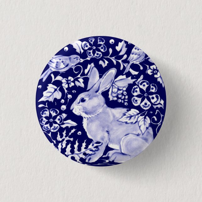 Navy Blue Rabbit Bunny Bird Floral Dedham Delft 3 Cm Round Badge (Front)