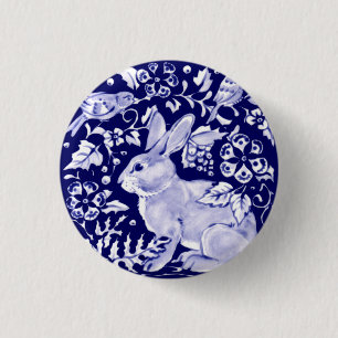 Navy Blue Rabbit Bunny Bird Floral Dedham Delft 3 Cm Round Badge