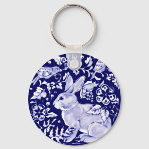 Navy Blue Rabbit Bunny Bird Floral Dedham Delft Key Ring