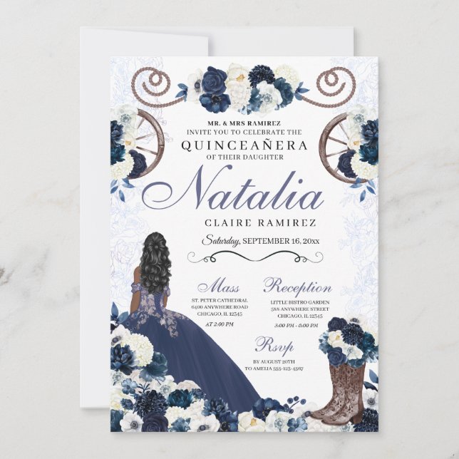 Navy Blue Ranchero Princess Dress Quinceanera Invitation (Front)