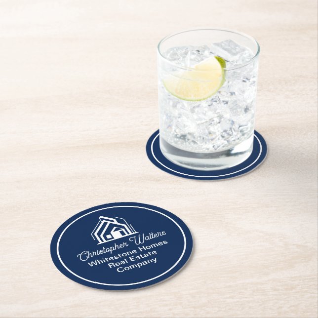 Navy Blue Real Estate Company Custom Realtor Party Round Paper Coaster (Insitu)