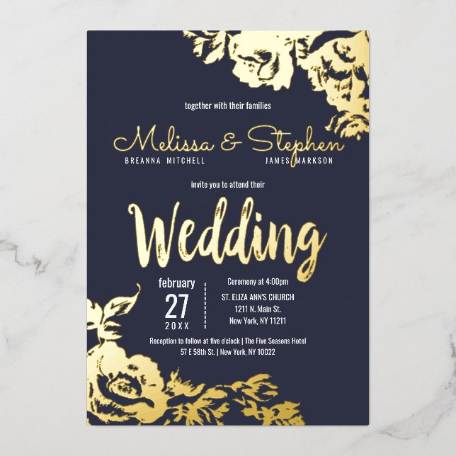 Navy Blue Real Gold Floral Wedding (Front)