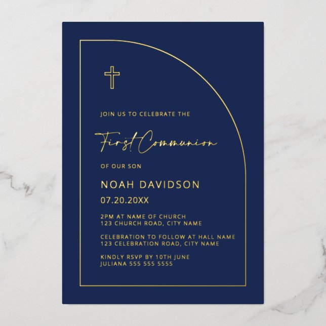 Navy Blue & Real Gold Foil Communion Invites (Front)