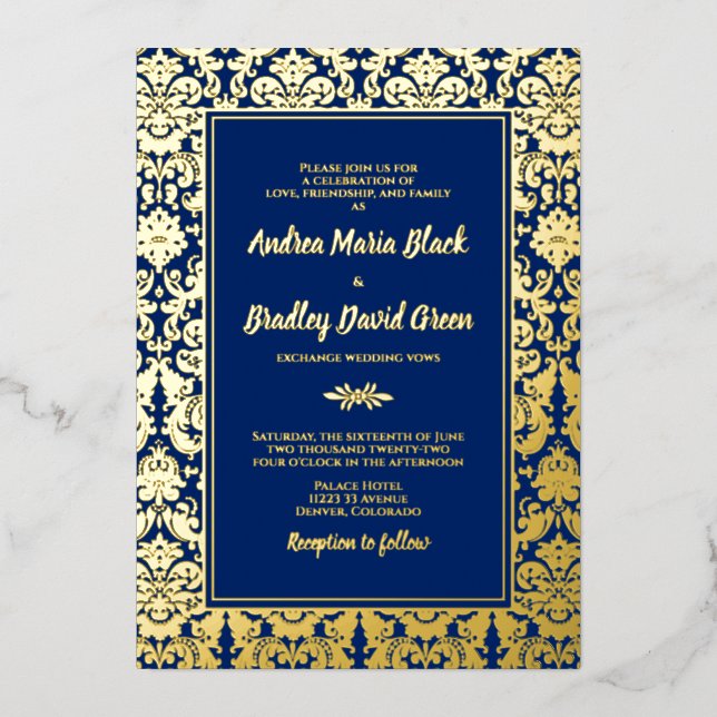 Navy Blue Real Gold Foil Damask Wedding (Front)