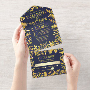 Navy Blue & Real Gold Foil Pressed Floral Wedding All In One Invitation