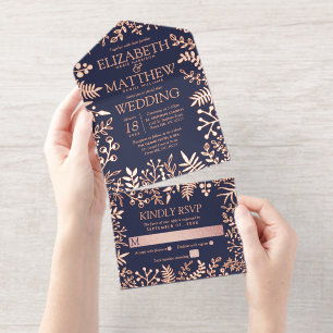 Navy Blue & Real Rose Gold Foil Floral Wedding All In One Invitation