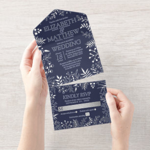 Navy Blue & Real Silver Foil Floral Wedding All In One Invitation