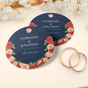 Navy Blue Red and Burnt Orange Rose Floral Wedding Classic Round Sticker