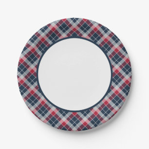 Navy Blue, Red and Grey Sporty Plaid Border Paper Plate