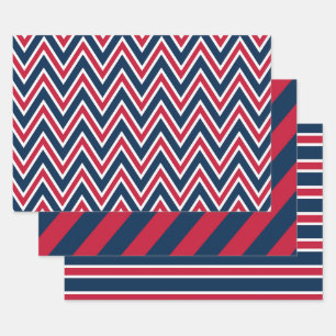 Navy Blue, Red, and White Chevron & Stripe Pattern Wrapping Paper Sheet