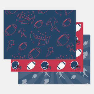 Navy Blue, Red, and White Football Patterns Wrapping Paper Sheet