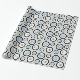 Navy Blue Red Beach Sea Shells Birthday Wrapping Paper