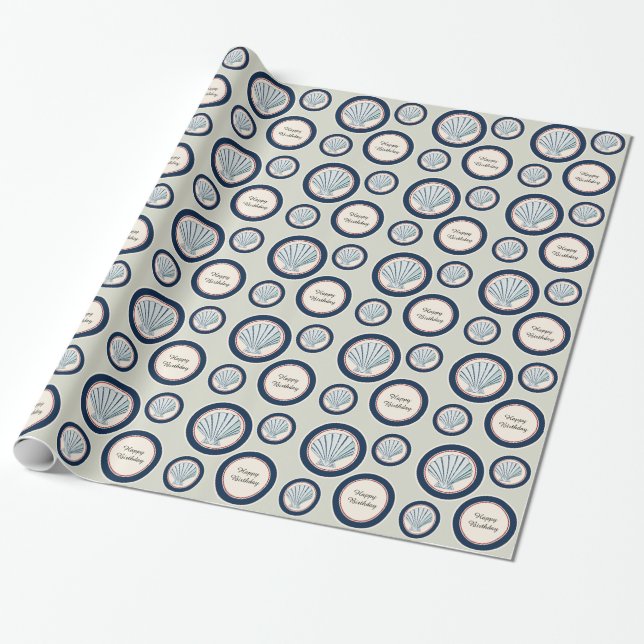 Navy Blue Red Beach Sea Shells Birthday Wrapping Paper (Unrolled)