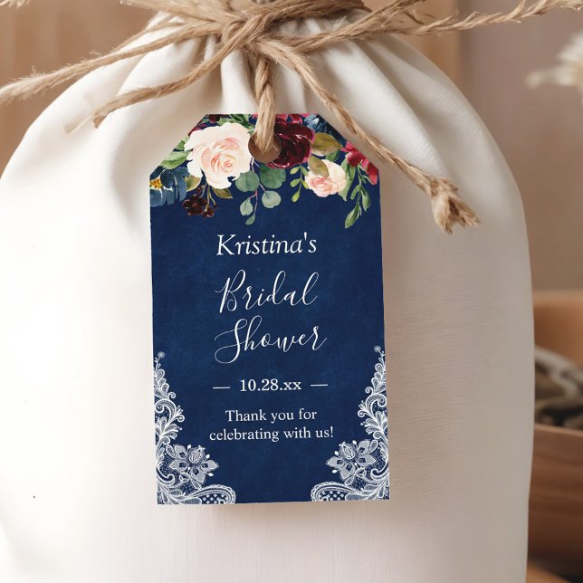 Navy Blue Red Blush Floral Lace Bridal Shower Gift Tags (Creator Uploaded)