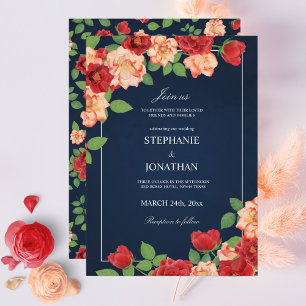 Navy Blue Red & Burnt Orange Roses Floral Wedding Invitation