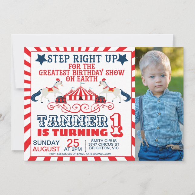 Navy Blue Red Circus Ticket Photo Birthday Invitation (Front)