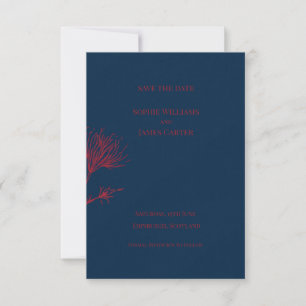 Navy Blue Red Coral Botanical Wedding Save The Dat Date