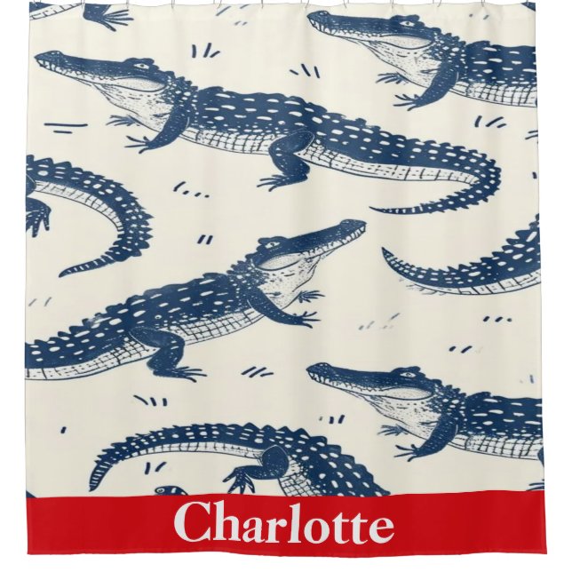 Navy Blue& Red Cute crocodiles  Shower Curtain (Front)