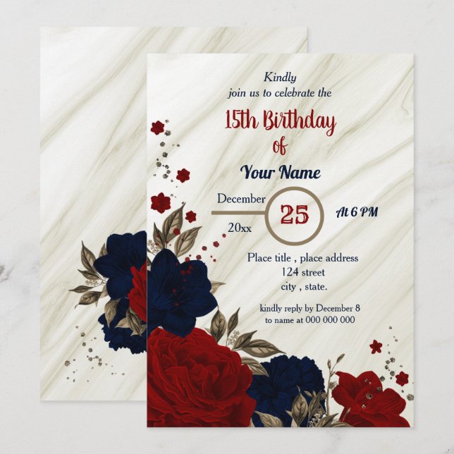 navy blue & red floral birthday party invitation (Front/Back)