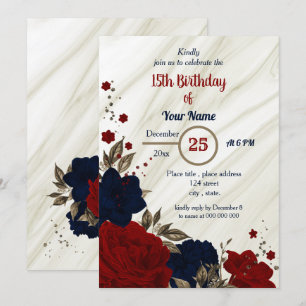 navy blue & red floral birthday party invitation