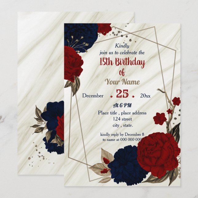 navy blue & red floral geometric birthday party invitation (Front/Back)