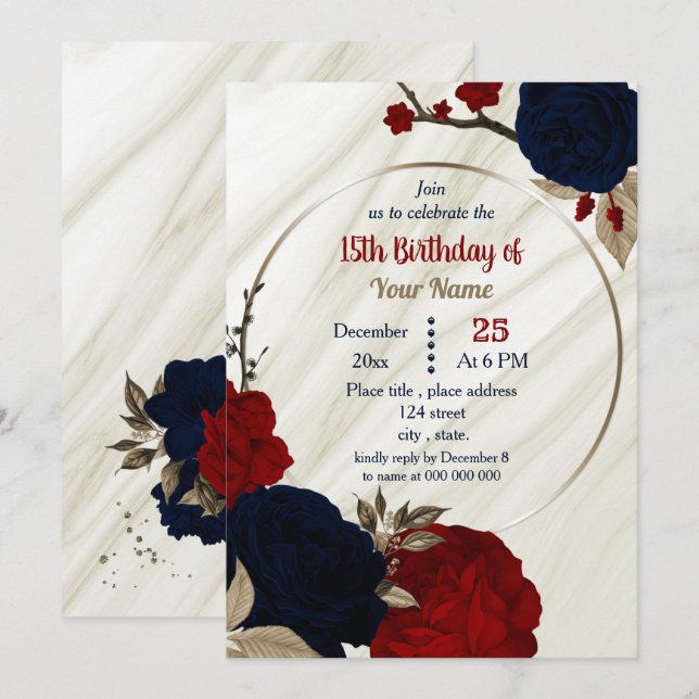 navy blue & red floral geometric birthday party invitation (Front/Back)