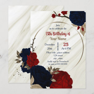 navy blue & red floral geometric birthday party invitation