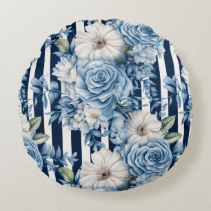 Navy Blue Red Floral Stripes Round Cushion